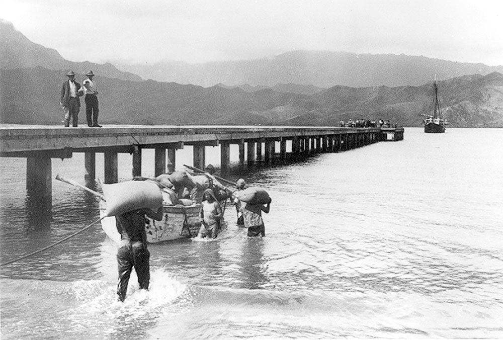 People load rice onto boats at Hanalei Pier in 1915.
